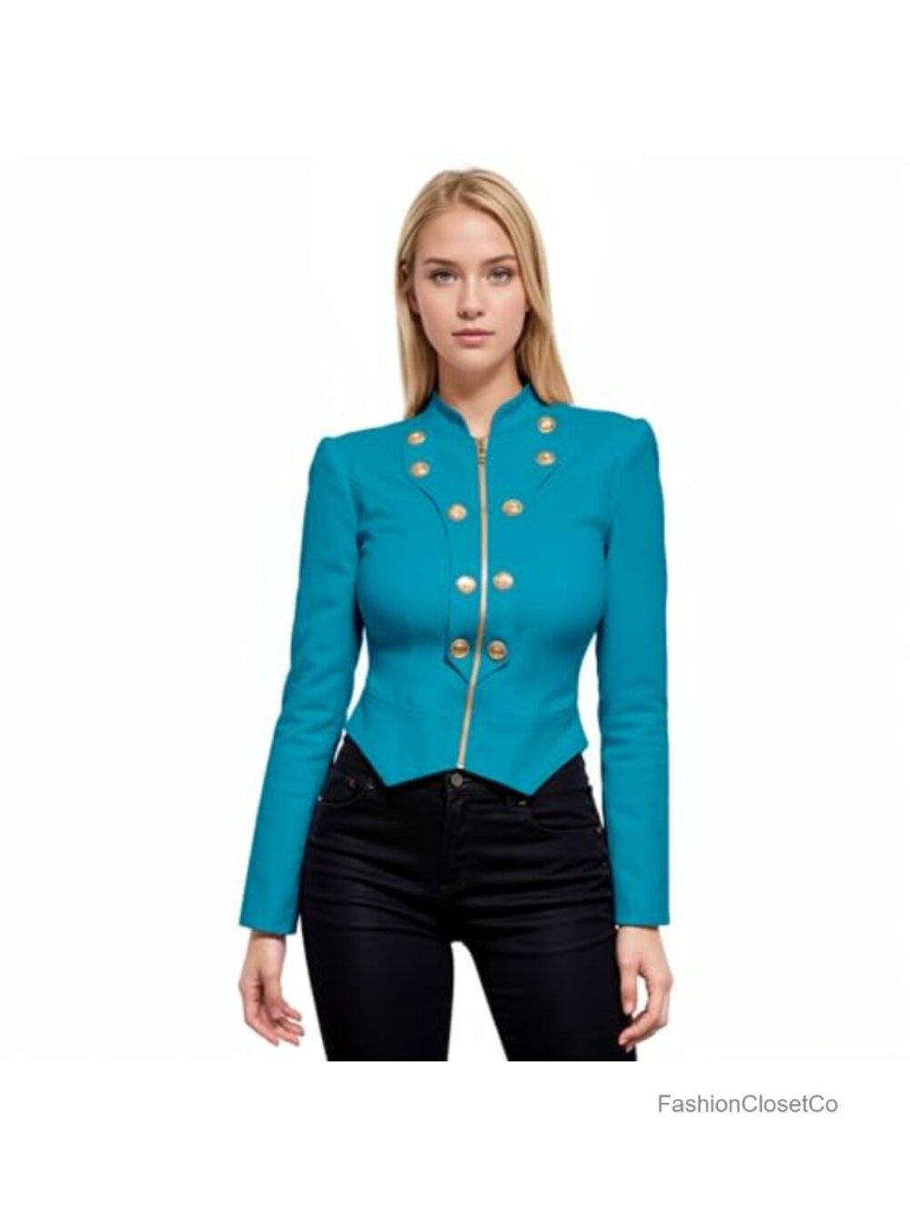 Crop Blazer Jacket Gold Zipper Rayon Spandex Business Casual